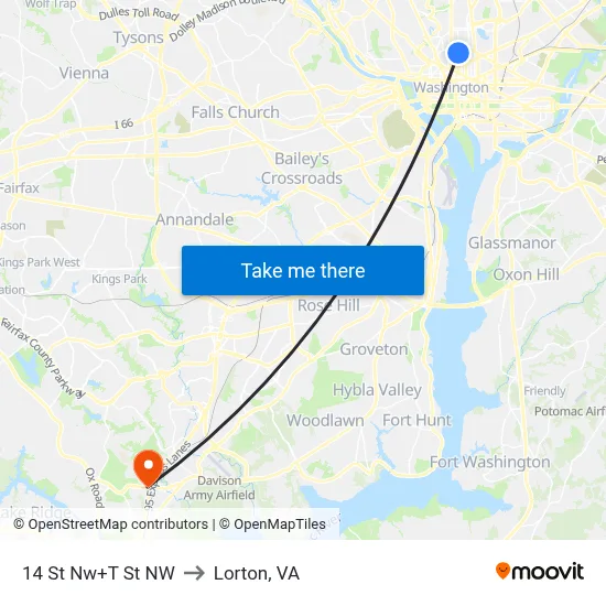 14 St Nw+T St NW to Lorton, VA map