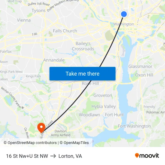 16 St Nw+U St NW to Lorton, VA map