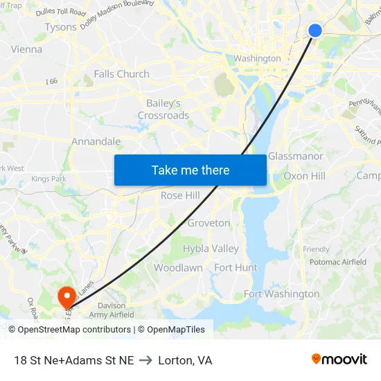 18 St Ne+Adams St NE to Lorton, VA map