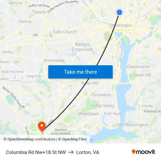 Columbia Rd Nw+18 St NW to Lorton, VA map