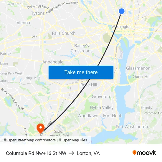 Columbia Rd Nw+16 St NW to Lorton, VA map