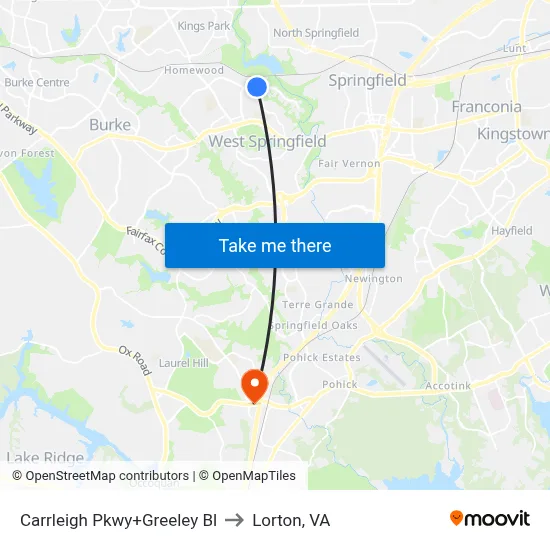 Carrleigh Pkwy+Greeley Bl to Lorton, VA map