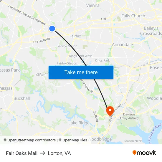 Fair Oaks Mall to Lorton, VA map