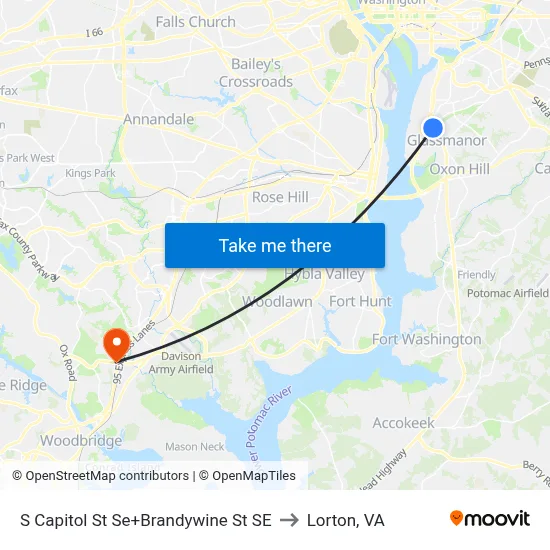 S Capitol St Se+Brandywine St SE to Lorton, VA map