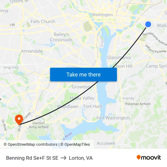 Benning Rd Se+F St SE to Lorton, VA map