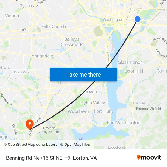 Benning Rd Ne+16 St NE to Lorton, VA map