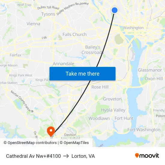 Cathedral Av Nw+#4100 to Lorton, VA map