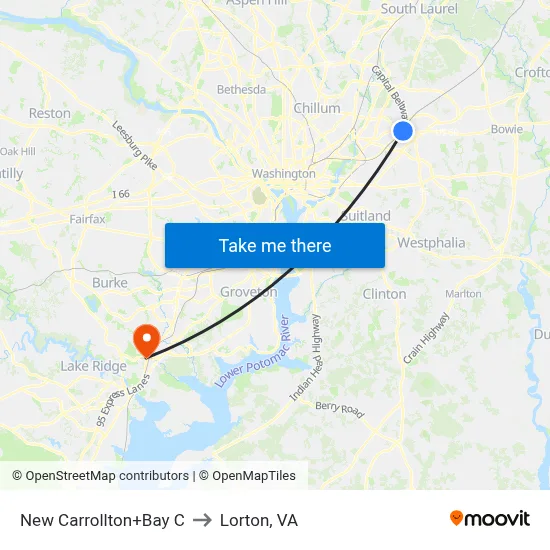 New Carrollton+Bay C to Lorton, VA map