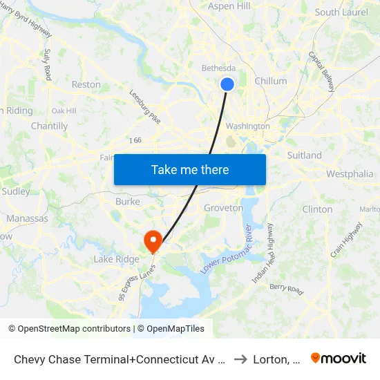 Chevy Chase Terminal+Connecticut Av NW to Lorton, VA map