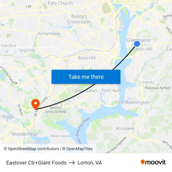 Eastover Ctr+Giant Foods to Lorton, VA map