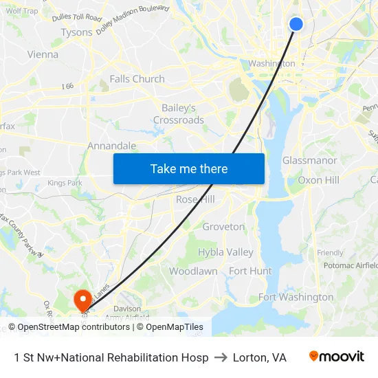 1 St Nw+National Rehabilitation Hosp to Lorton, VA map
