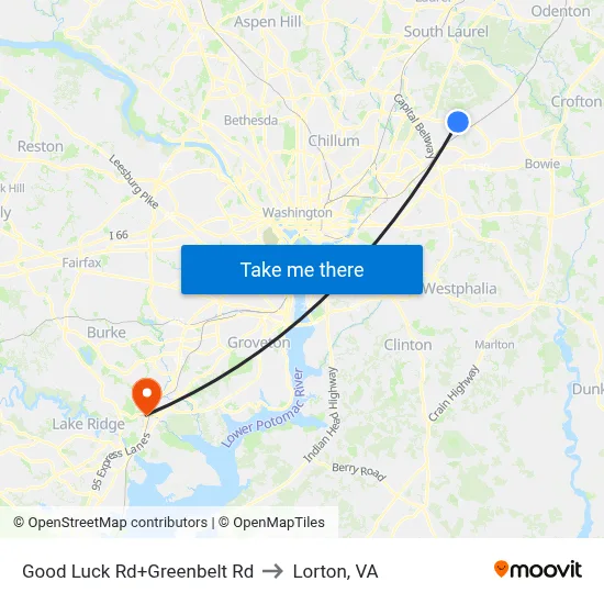 Good Luck Rd+Greenbelt Rd to Lorton, VA map