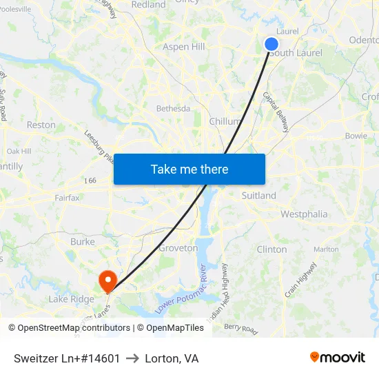 Sweitzer Ln+#14601 to Lorton, VA map