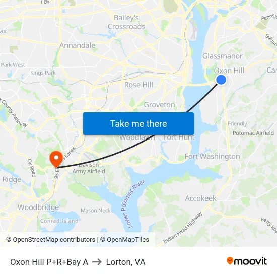 Oxon Hill P+R+Bay A to Lorton, VA map