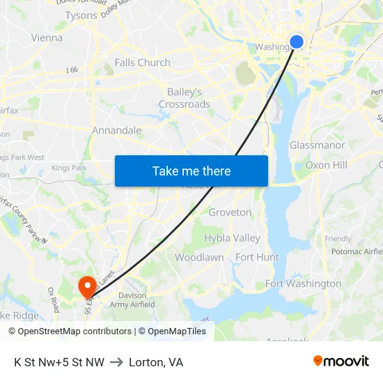 K St Nw+5 St NW to Lorton, VA map