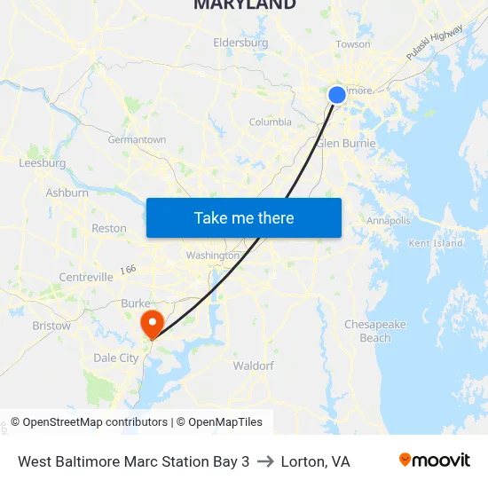 West Baltimore Marc Station Bay 3 to Lorton, VA map