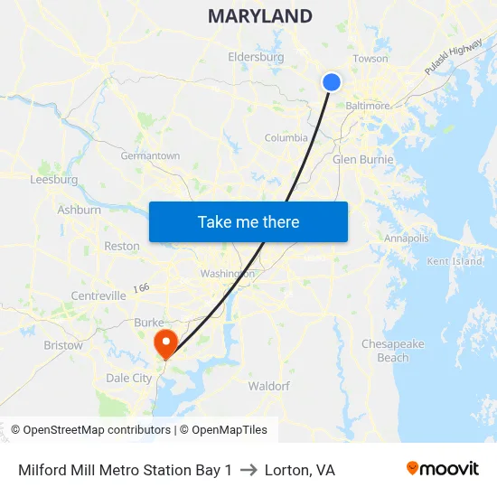 Milford Mill Metro Station Bay 1 to Lorton, VA map