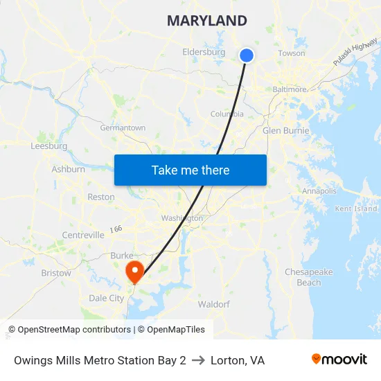 Owings Mills Metro Station Bay 2 to Lorton, VA map