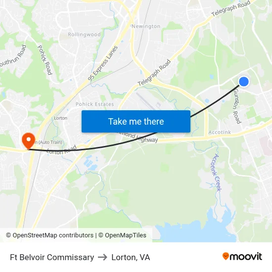 Ft Belvoir Commissary to Lorton, VA map