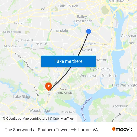 The Sherwood at Southern Towers to Lorton, VA map