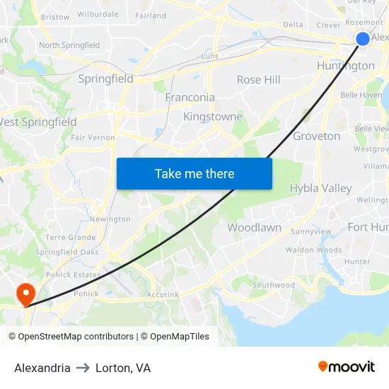 Alexandria to Lorton, VA map