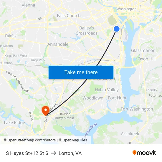 S Hayes St+12 St S to Lorton, VA map