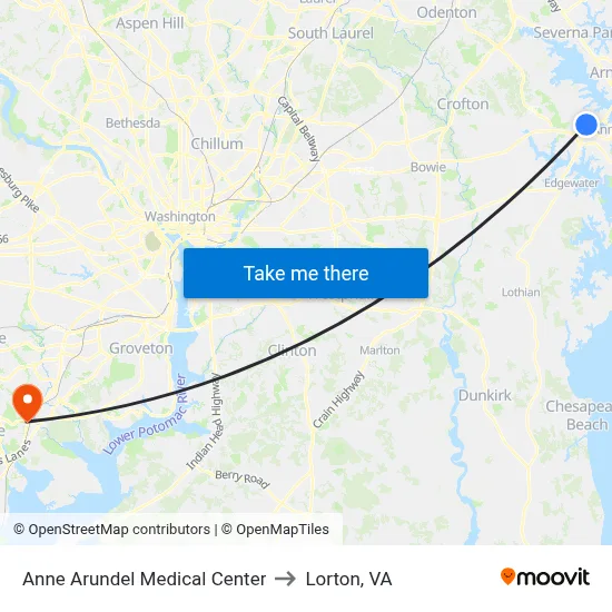 Anne Arundel Medical Center to Lorton, VA map