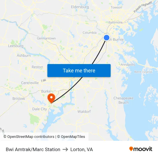 Bwi Amtrak/Marc Station to Lorton, VA map