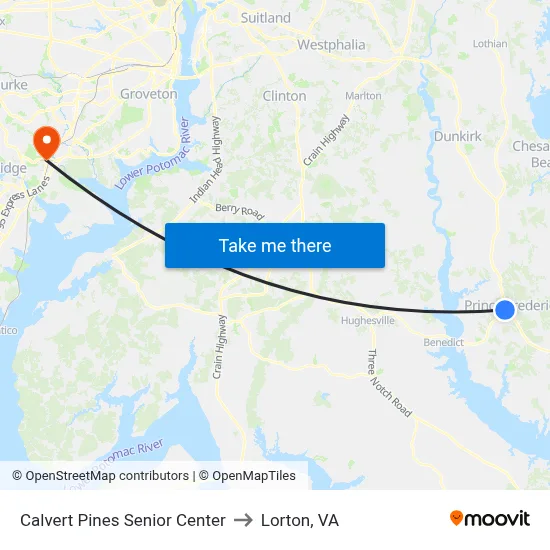 Calvert Pines Senior Center to Lorton, VA map