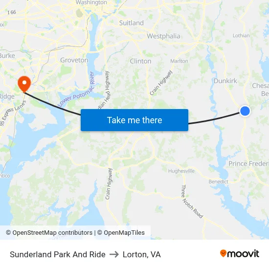 Sunderland Park And Ride to Lorton, VA map