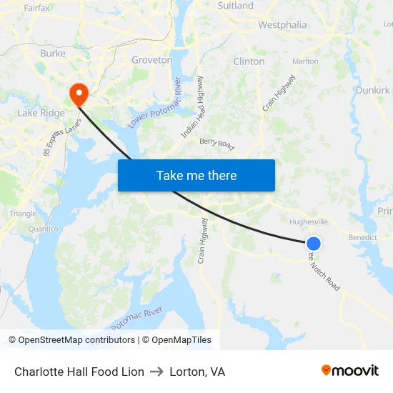 Charlotte Hall Food Lion to Lorton, VA map