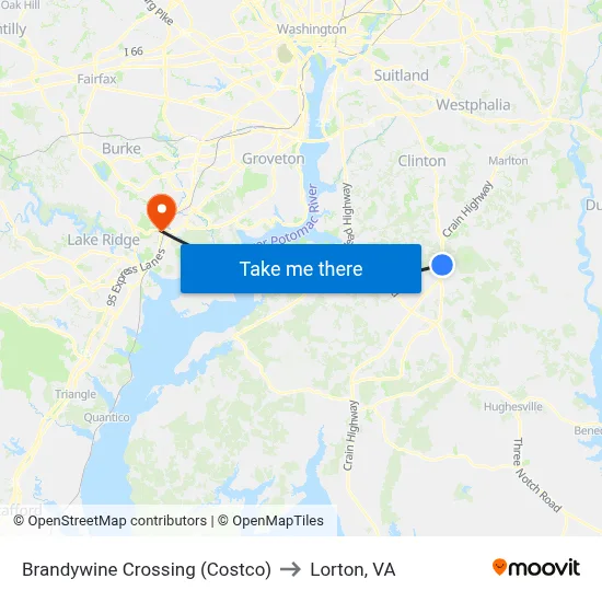 Brandywine Crossing (Costco) to Lorton, VA map