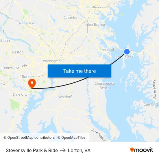 Stevensville Park & Ride to Lorton, VA map