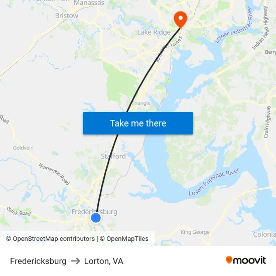 Fredericksburg to Lorton, VA map