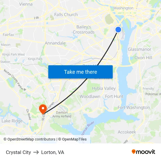 Crystal City to Lorton, VA map