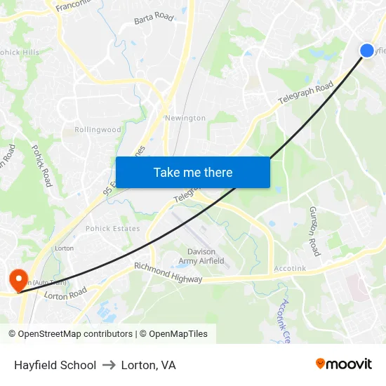 Hayfield School to Lorton, VA map