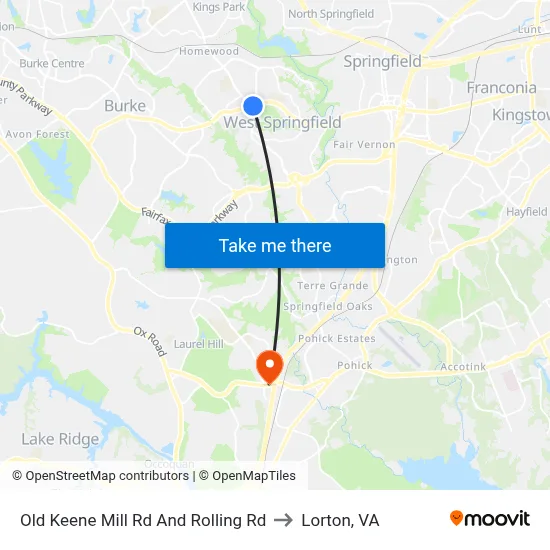 Old Keene Mill Rd And Rolling Rd to Lorton, VA map
