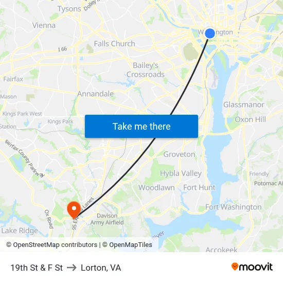 19th St & F St to Lorton, VA map