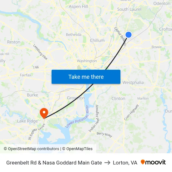 Greenbelt Rd & Nasa Goddard Main Gate to Lorton, VA map