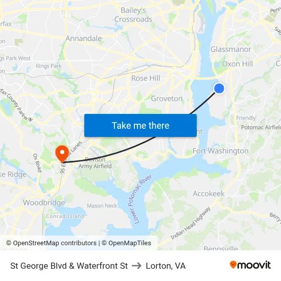 St George Blvd & Waterfront St to Lorton, VA map