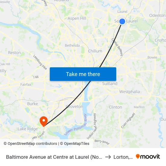 Baltimore Avenue at Centre at Laurel (Northbound) to Lorton, VA map