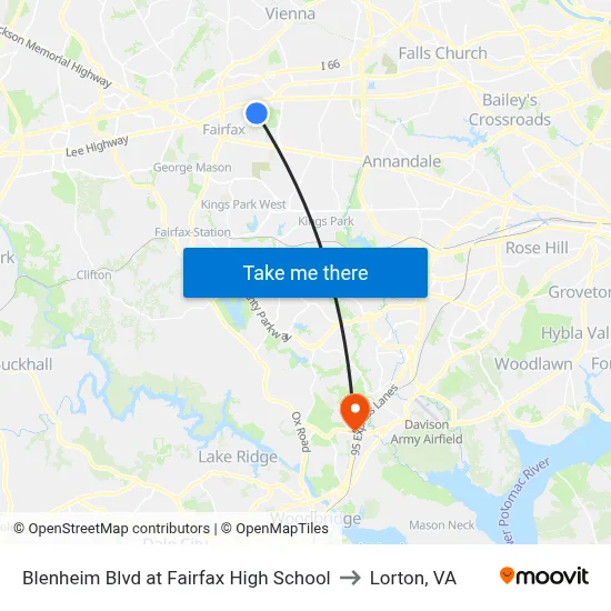 Blenheim Blvd at Fairfax High School to Lorton, VA map