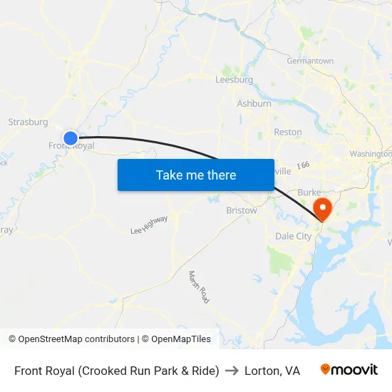 Front Royal (Crooked Run Park & Ride) to Lorton, VA map