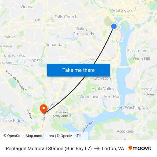 Pentagon Metrorail Station (Bus Bay L7) to Lorton, VA map