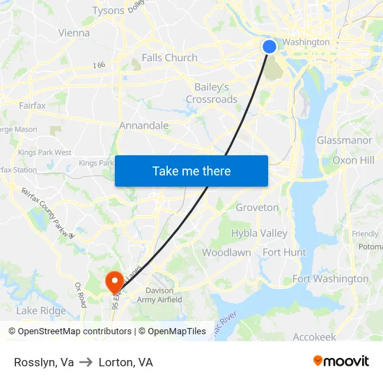 Rosslyn, Va to Lorton, VA map