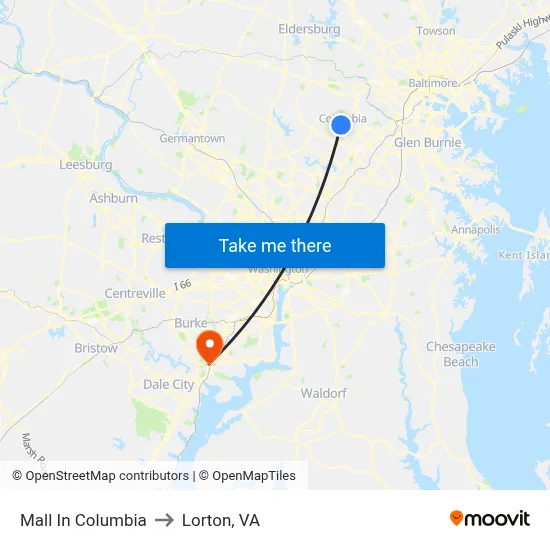 Mall In Columbia to Lorton, VA map