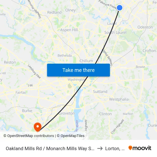 Oakland Mills Rd / Monarch Mills Way South to Lorton, VA map