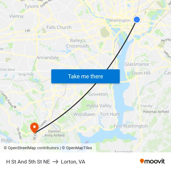 H St And 5th St NE to Lorton, VA map