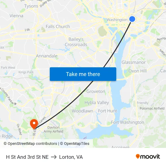 H St And 3rd St NE to Lorton, VA map