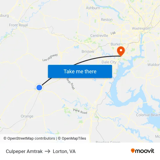 Culpeper Amtrak to Lorton, VA map